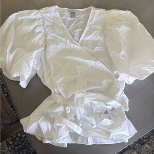 H&M White Puff Sleeve Wrap Top blouse